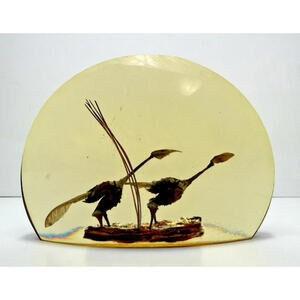 Vtg Lucite Yellow Paperweight Mixed Media Seeds Sticks Birds Encased Roadrunner